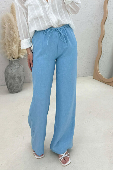 WIDE LEG ELASTIC WAIST LACING DETAIL WOMAN TROUSERS BLUE/BLU - 4