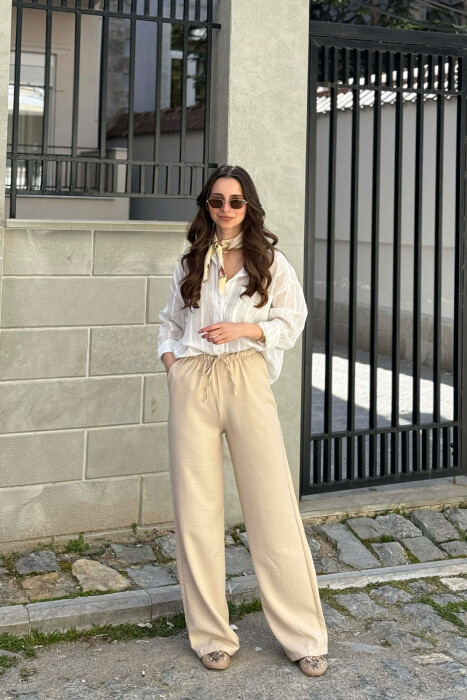 WIDE LEG ELASTIC WAIST LACING DETAIL WOMAN TROUSERS CREAM/KREM 