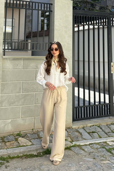 WIDE LEG ELASTIC WAIST LACING DETAIL WOMAN TROUSERS CREAM/KREM - 3