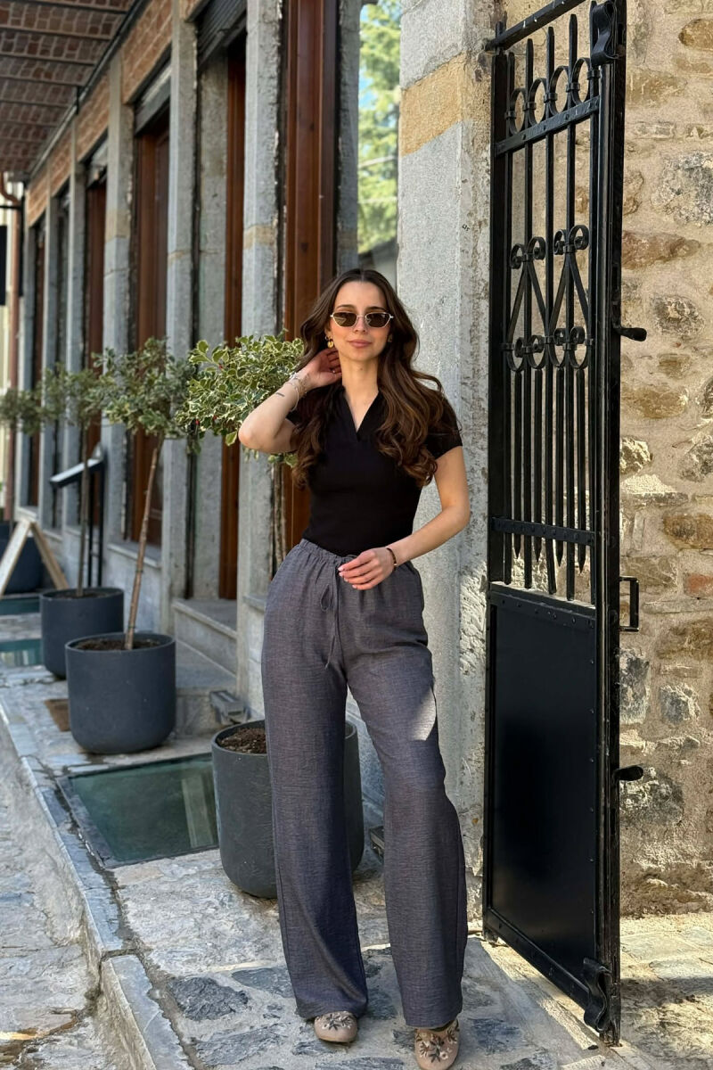 WIDE LEG ELASTIC WAIST LACING DETAIL WOMAN TROUSERS DARK GREY/GEE - 2