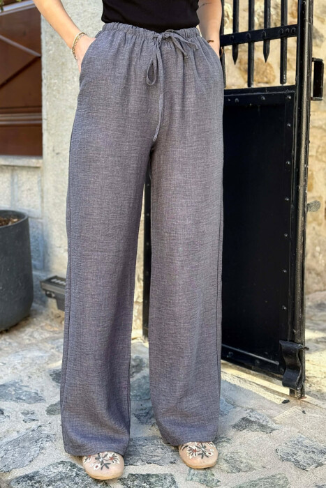 WIDE LEG ELASTIC WAIST LACING DETAIL WOMAN TROUSERS DARK GREY/GEE - 4