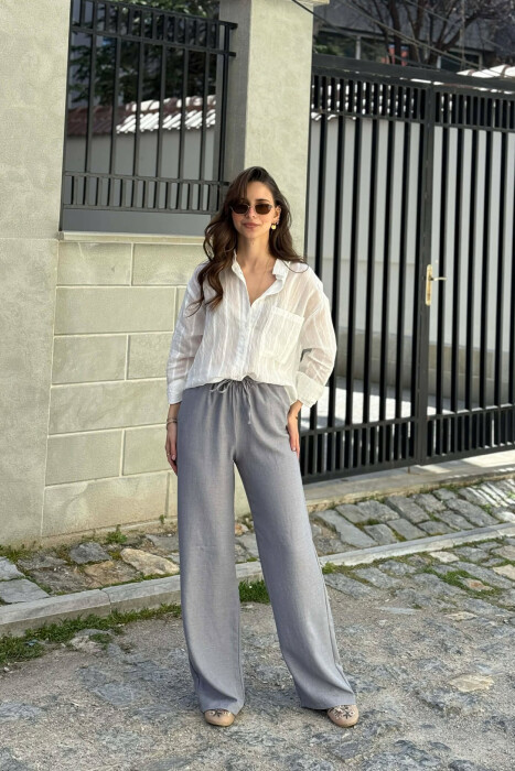 WIDE LEG ELASTIC WAIST LACING DETAIL WOMAN TROUSERS GREY ASH/GRI HIRI 