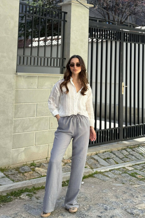 WIDE LEG ELASTIC WAIST LACING DETAIL WOMAN TROUSERS GREY ASH/GRI HIRI - 3