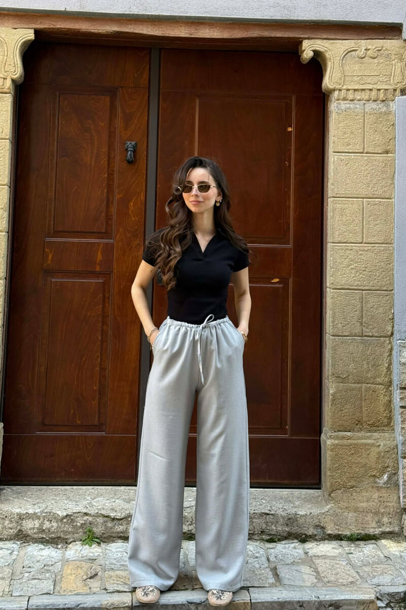 WIDE LEG ELASTIC WAIST LACING DETAIL WOMAN TROUSERS GREY-GREY/GG - 1