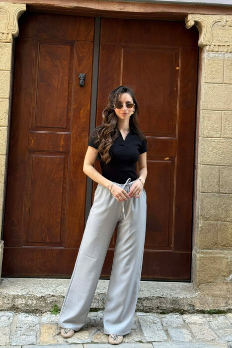 WIDE LEG ELASTIC WAIST LACING DETAIL WOMAN TROUSERS GREY-GREY/GG - 2