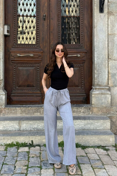 WIDE LEG ELASTIC WAIST LACING DETAIL WOMAN TROUSERS GREY/GRI - 1