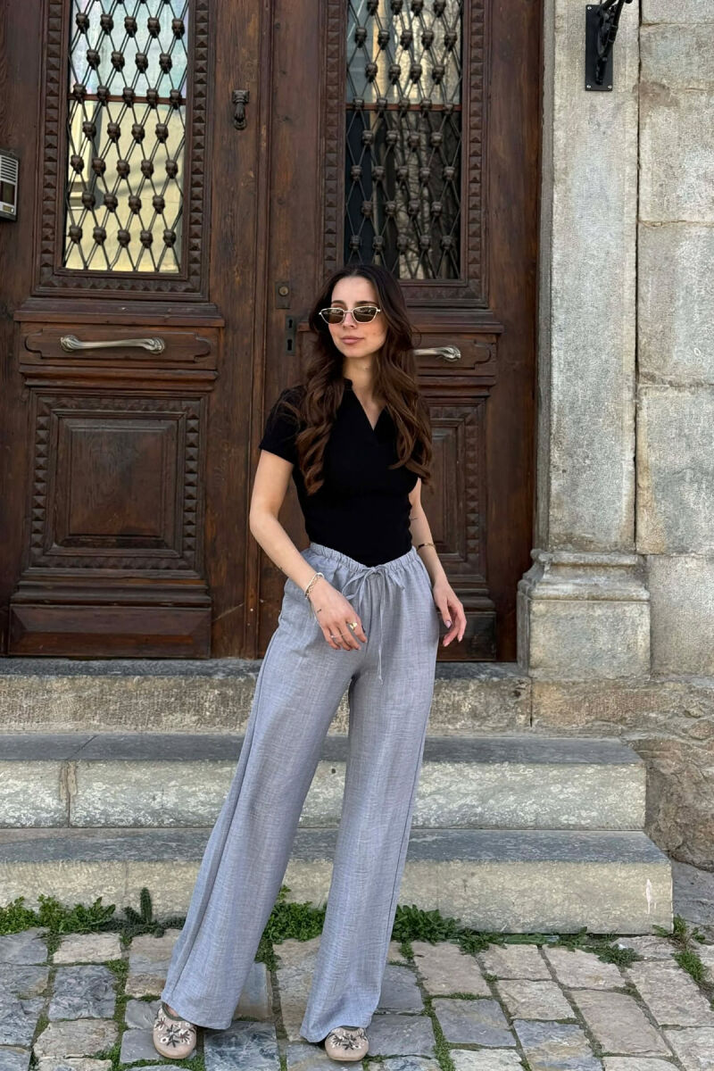 WIDE LEG ELASTIC WAIST LACING DETAIL WOMAN TROUSERS GREY/GRI - 6