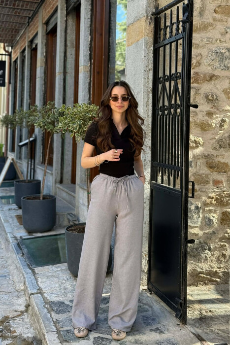 WIDE LEG ELASTIC WAIST LACING DETAIL WOMAN TROUSERS LIGHT GREY/GZ 