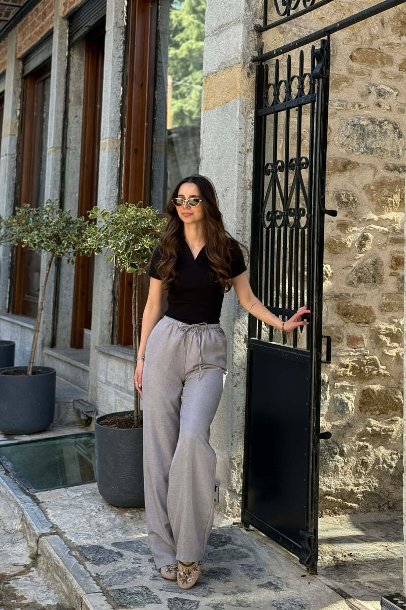 WIDE LEG ELASTIC WAIST LACING DETAIL WOMAN TROUSERS LIGHT GREY/GZ - 6