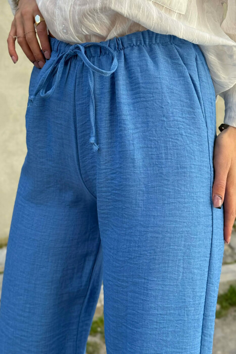 WIDE LEG ELASTIC WAIST LACING DETAIL WOMAN TROUSERS LIGHTBLUE/BZ - 3