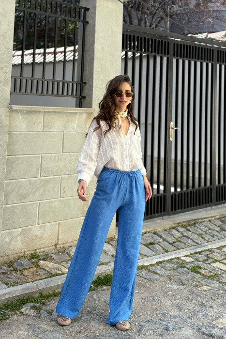 WIDE LEG ELASTIC WAIST LACING DETAIL WOMAN TROUSERS LIGHTBLUE/BZ - 5