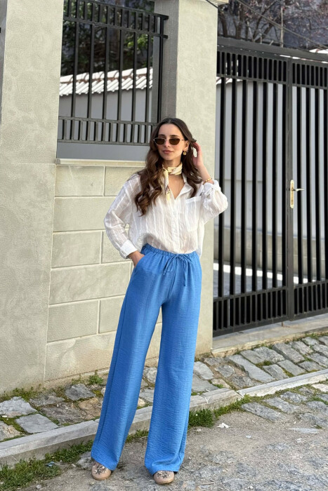 WIDE LEG ELASTIC WAIST LACING DETAIL WOMAN TROUSERS LIGHTBLUE/BZ - 6