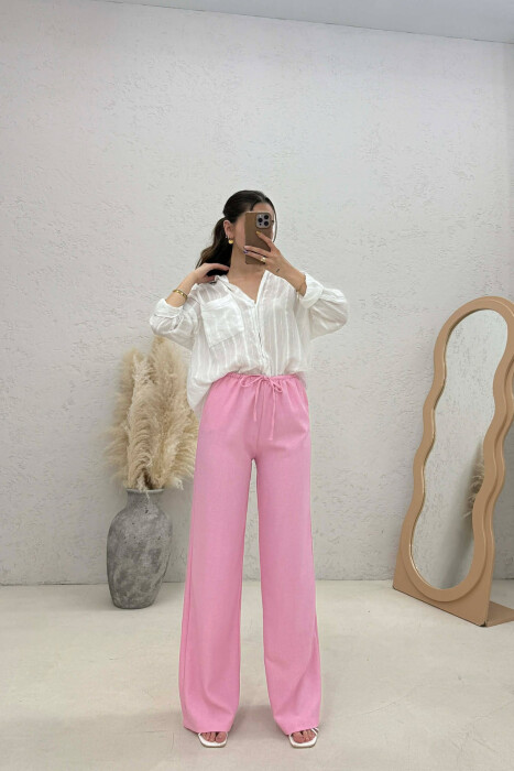 WIDE LEG ELASTIC WAIST LACING DETAIL WOMAN TROUSERS PINK/ROZE - 1