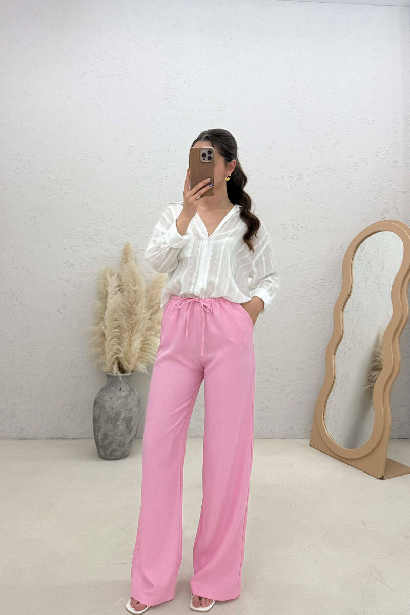 WIDE LEG ELASTIC WAIST LACING DETAIL WOMAN TROUSERS PINK/ROZE - 4