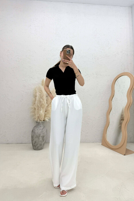 WIDE LEG ELASTIC WAIST LACING DETAIL WOMAN TROUSERS WHITE-E BARDHE - KLAUDIO FASHION
