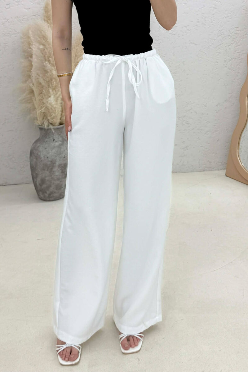 WIDE LEG ELASTIC WAIST LACING DETAIL WOMAN TROUSERS WHITE-E BARDHE - 3