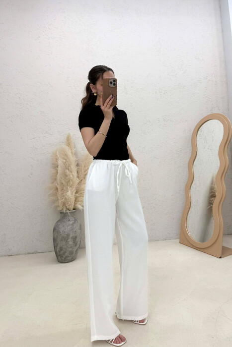 WIDE LEG ELASTIC WAIST LACING DETAIL WOMAN TROUSERS WHITE-E BARDHE - 4