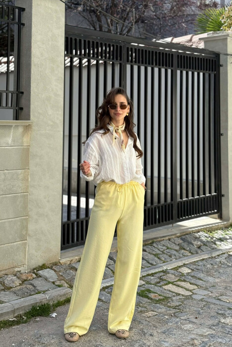 WIDE LEG ELASTIC WAIST LACING DETAIL WOMAN TROUSERS YELLOW/E VERDHE - KLAUDIO FASHION