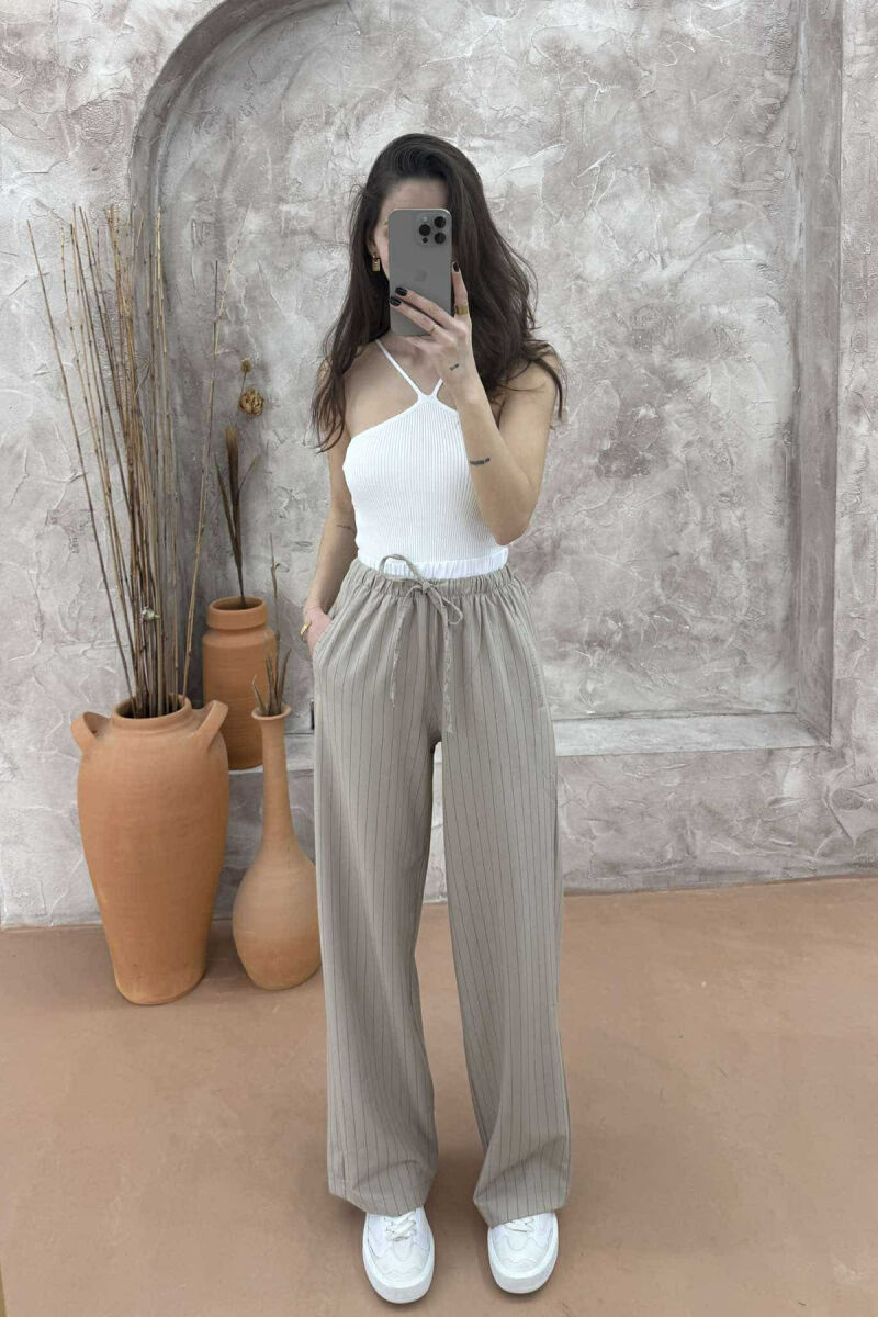WIDE LEG ELASTIC WAIST WOMEN TROUSERS BALCK+BEIGE ZEBZH - 1