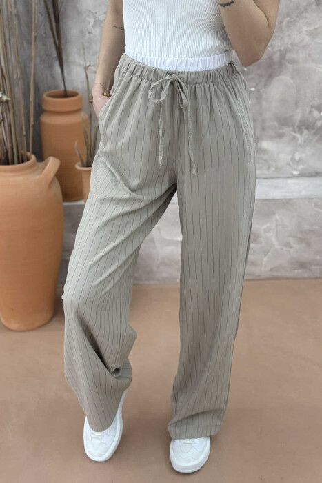 WIDE LEG ELASTIC WAIST WOMEN TROUSERS BALCK+BEIGE ZEBZH - 3