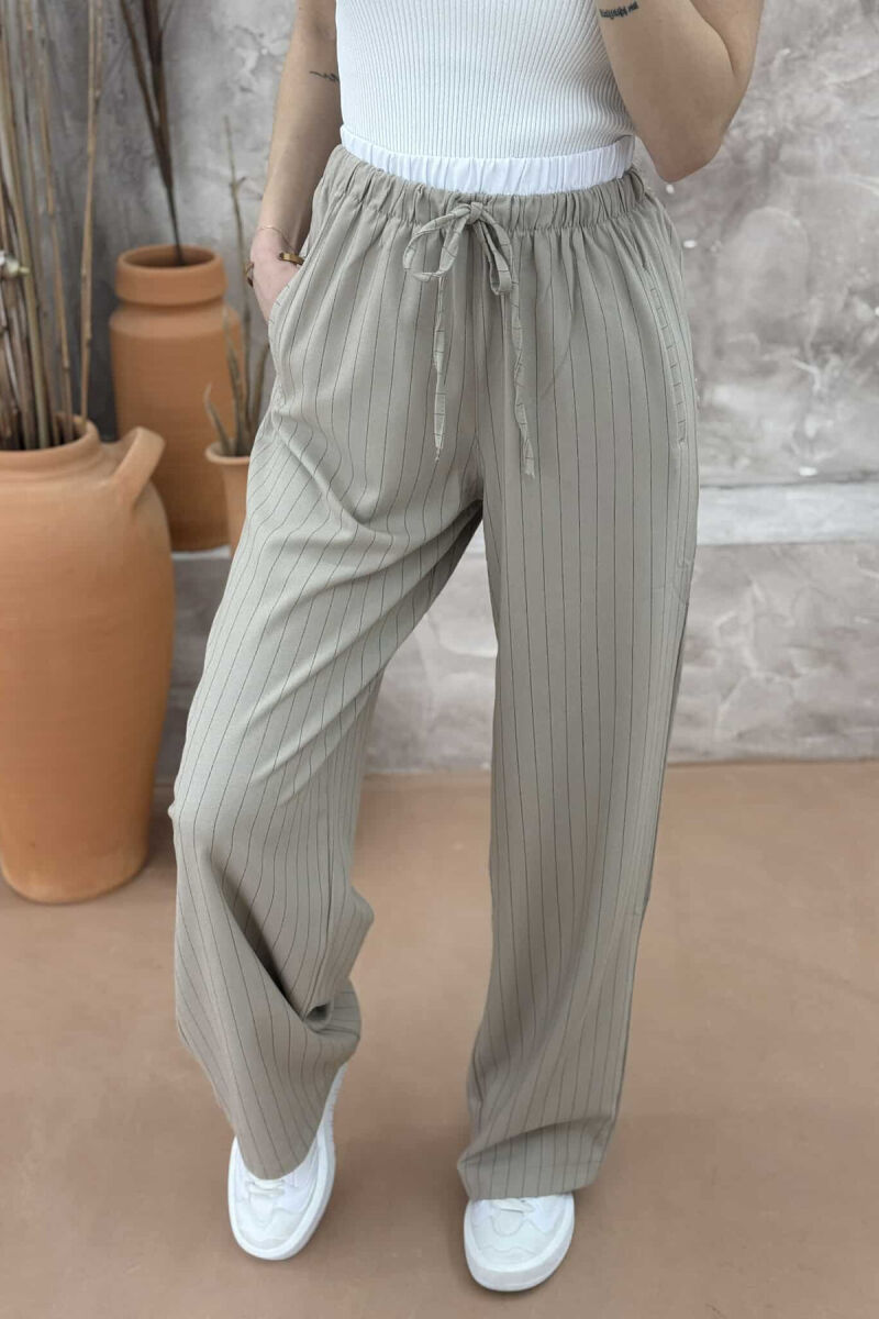 WIDE LEG ELASTIC WAIST WOMEN TROUSERS BALCK+BEIGE ZEBZH - 3