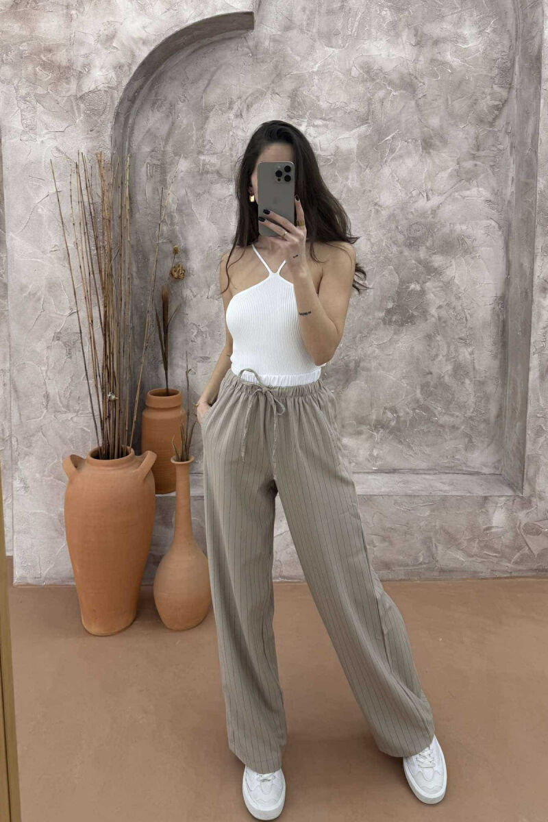 WIDE LEG ELASTIC WAIST WOMEN TROUSERS BALCK+BEIGE ZEBZH - 4