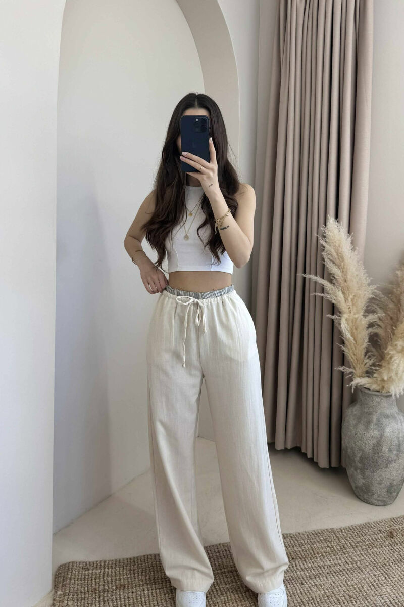 WIDE LEG ELASTIC WAIST WOMEN TROUSERS CREAM/KREM - 1