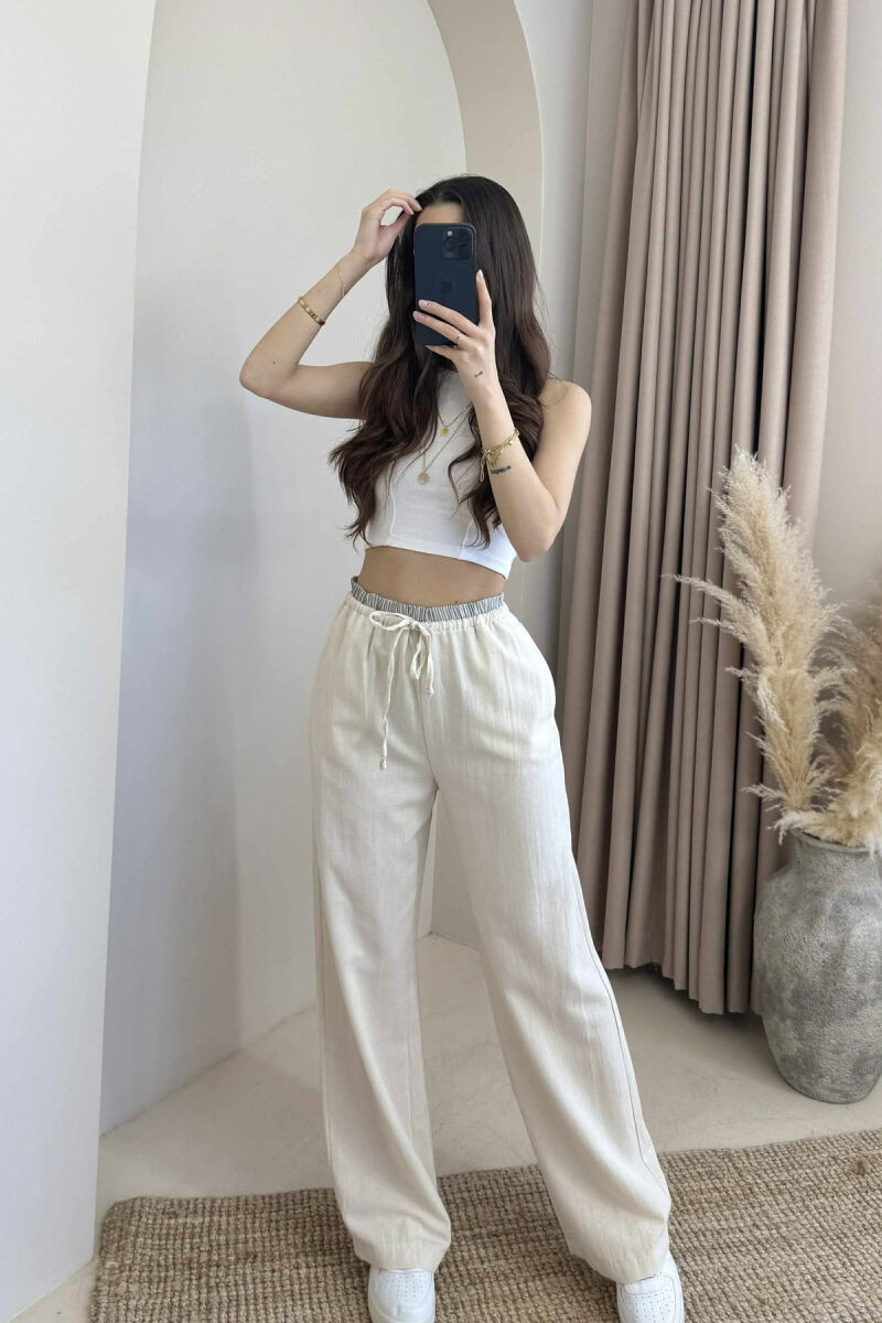 WIDE LEG ELASTIC WAIST WOMEN TROUSERS CREAM/KREM - 2