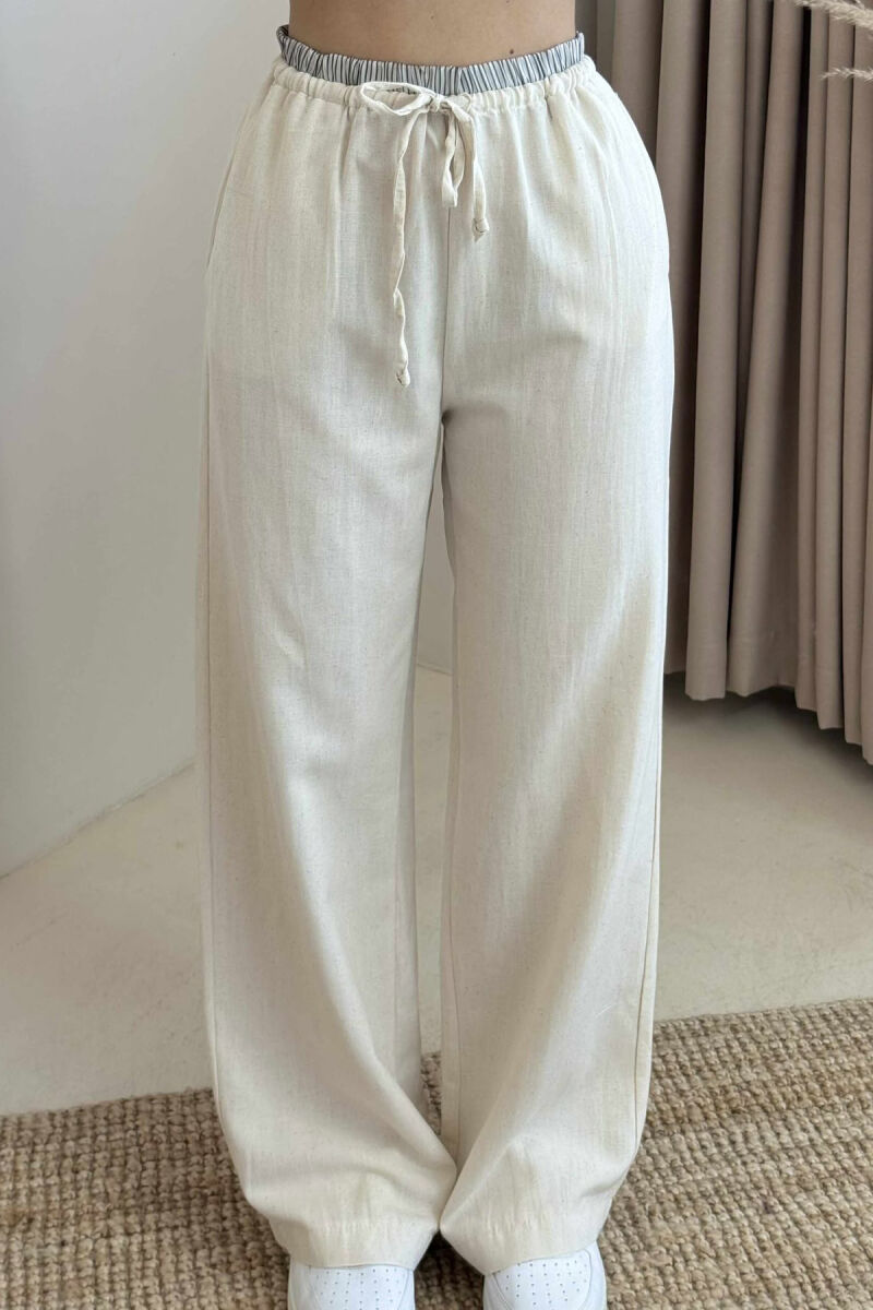 WIDE LEG ELASTIC WAIST WOMEN TROUSERS CREAM/KREM - 3