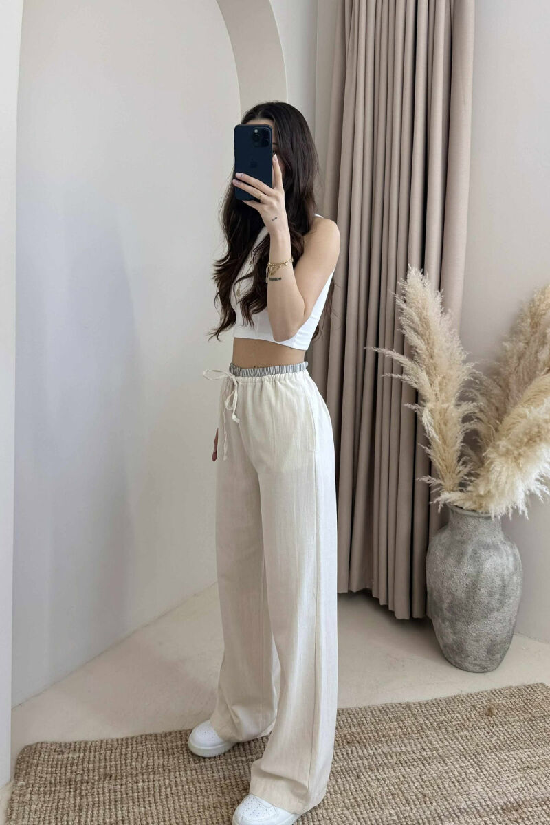 WIDE LEG ELASTIC WAIST WOMEN TROUSERS CREAM/KREM - 5