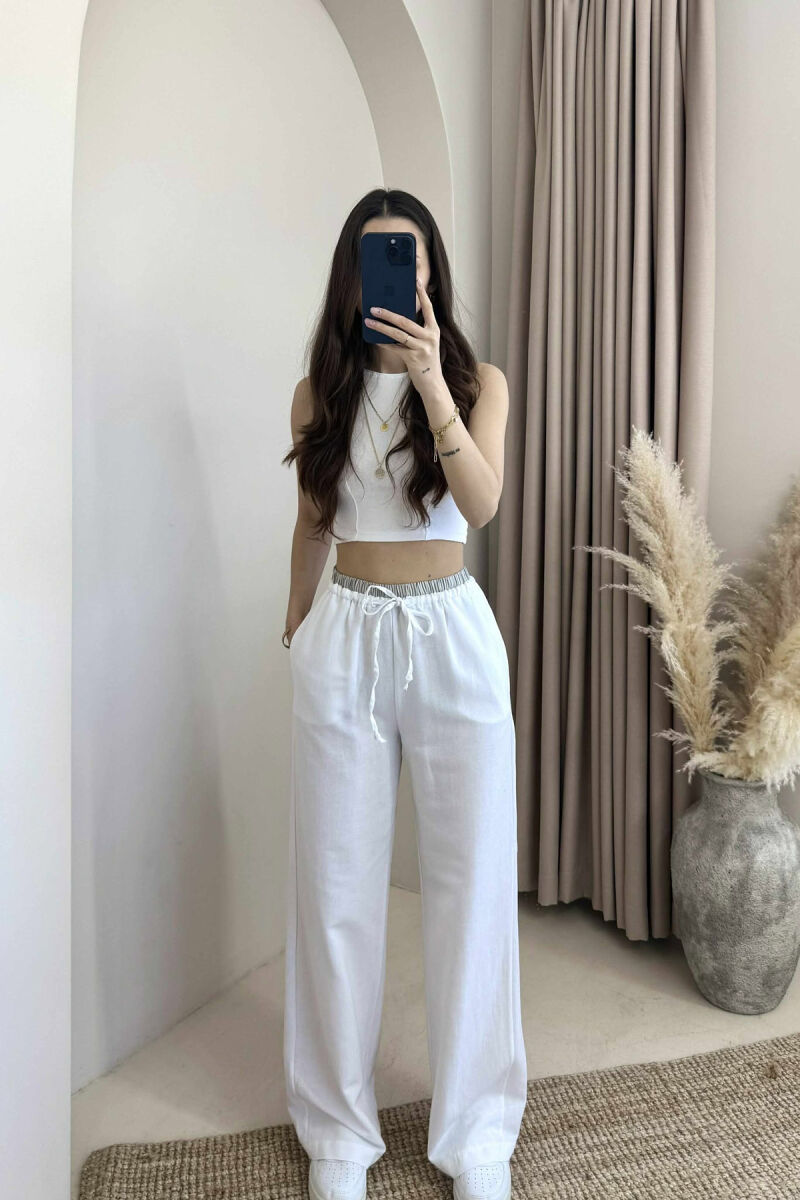 WIDE LEG ELASTIC WAIST WOMEN TROUSERS WHITE-E BARDHE - 1