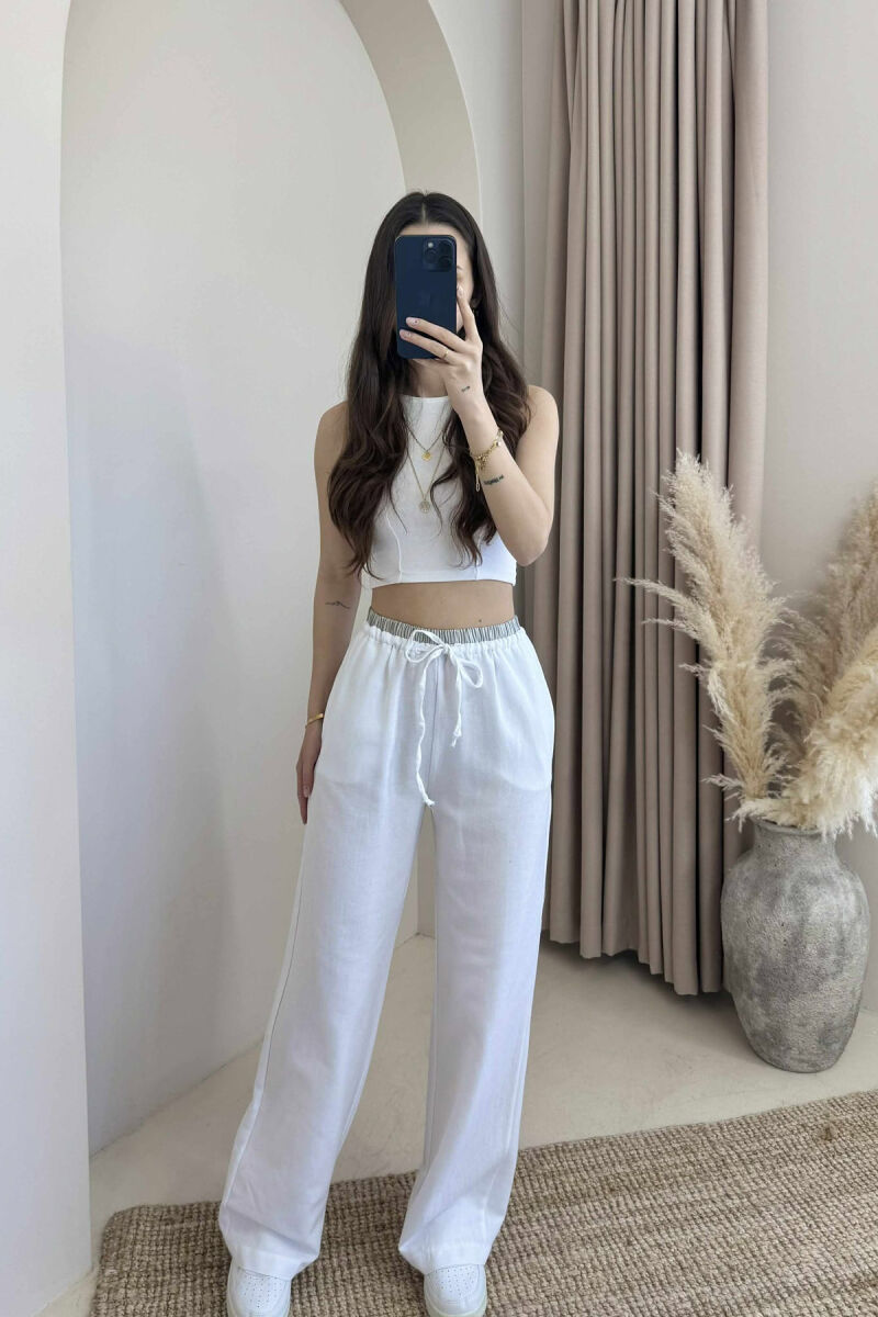 WIDE LEG ELASTIC WAIST WOMEN TROUSERS WHITE-E BARDHE - 2