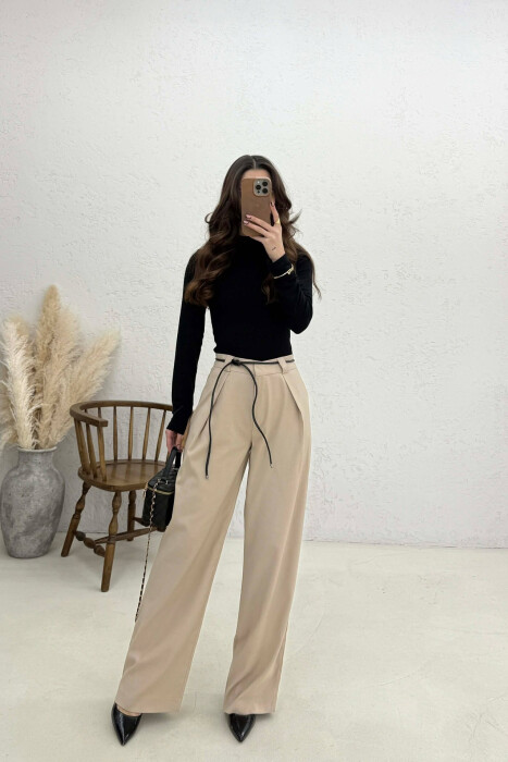 WIDE LEG LEATHER BELT WOMAN TROUSERS BEIGE/BEZHE - 1