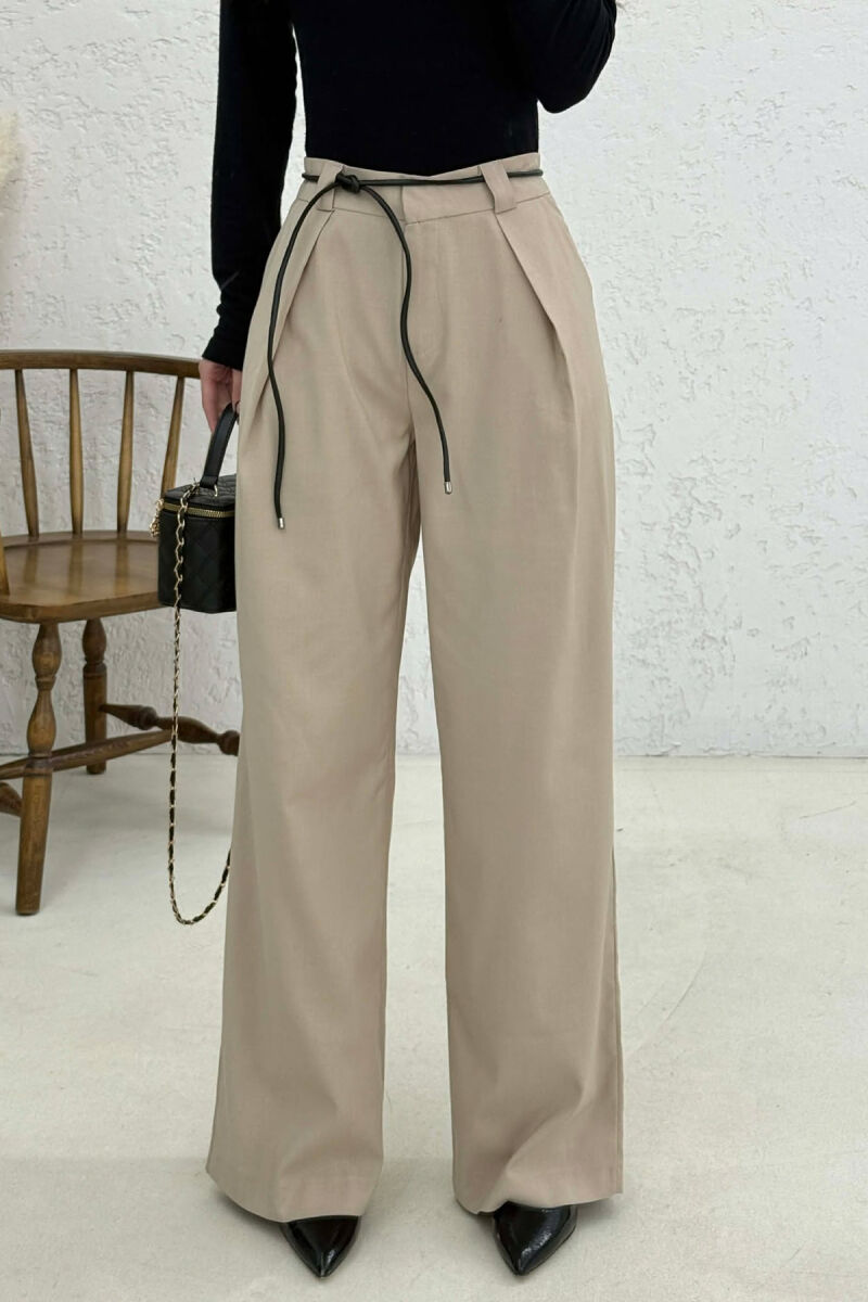 WIDE LEG LEATHER BELT WOMAN TROUSERS BEIGE/BEZHE - 4