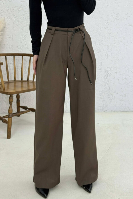 WIDE LEG LEATHER BELT WOMAN TROUSERS BROWN/KAFE - 2