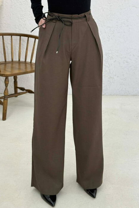 WIDE LEG LEATHER BELT WOMAN TROUSERS BROWN/KAFE - 3