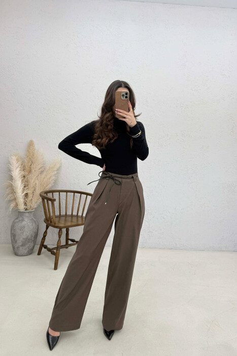 WIDE LEG LEATHER BELT WOMAN TROUSERS BROWN/KAFE - 4