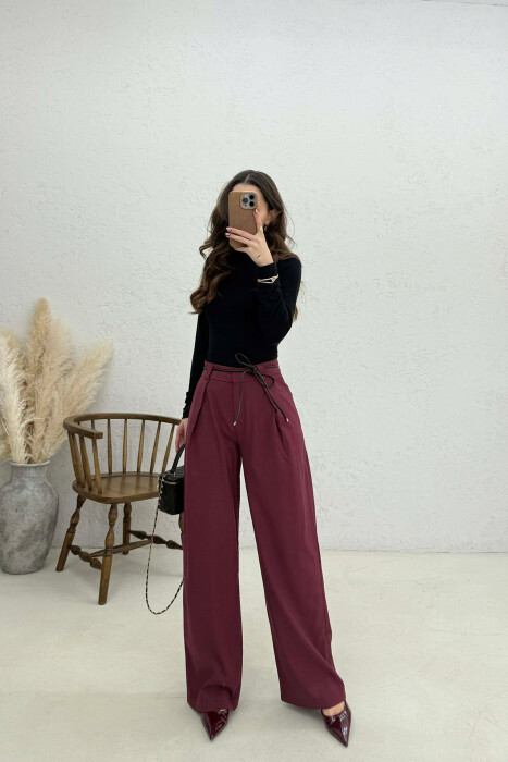 WIDE LEG LEATHER BELT WOMAN TROUSERS BURGUNDY/VISHNJE 