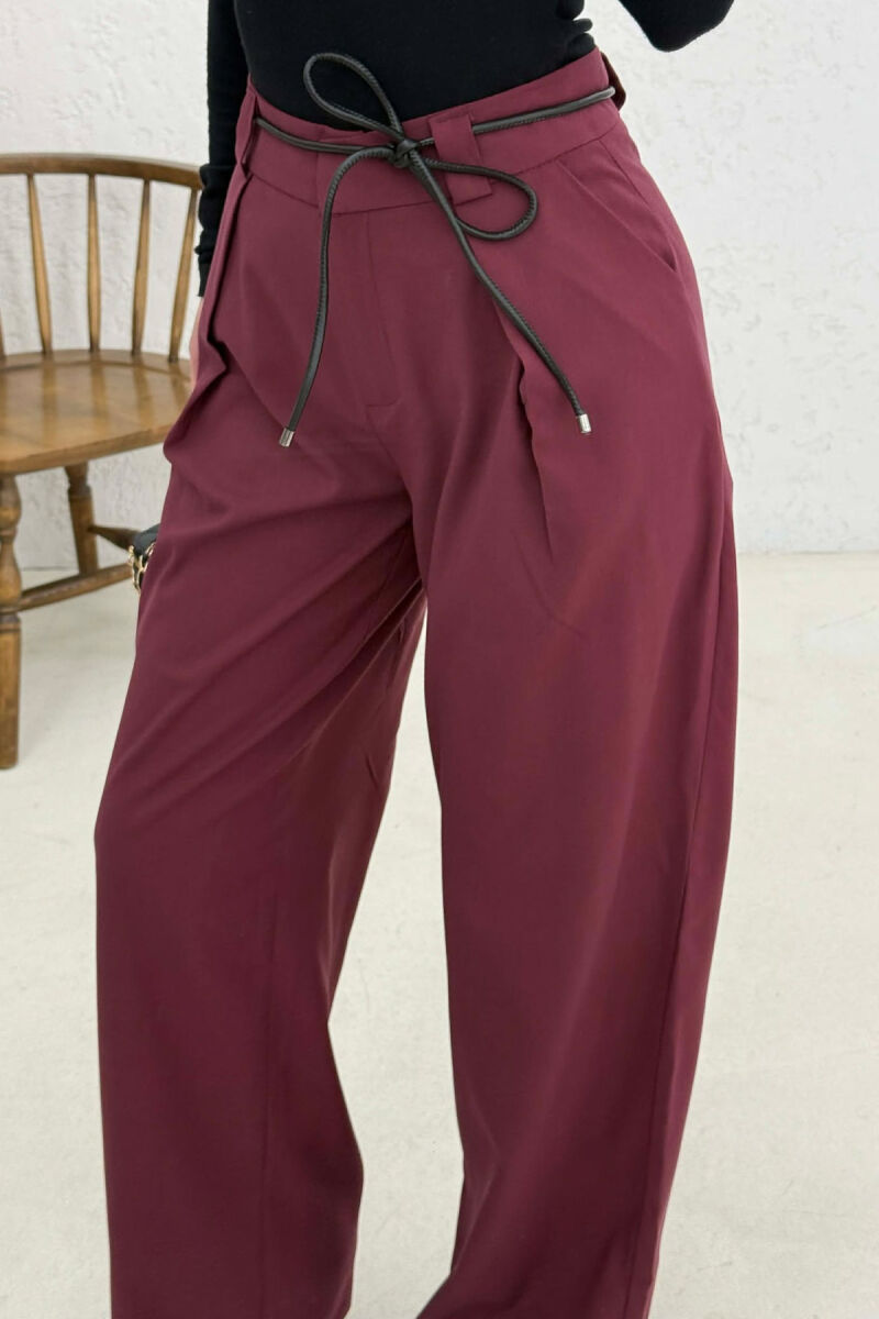 WIDE LEG LEATHER BELT WOMAN TROUSERS BURGUNDY/VISHNJE - 2