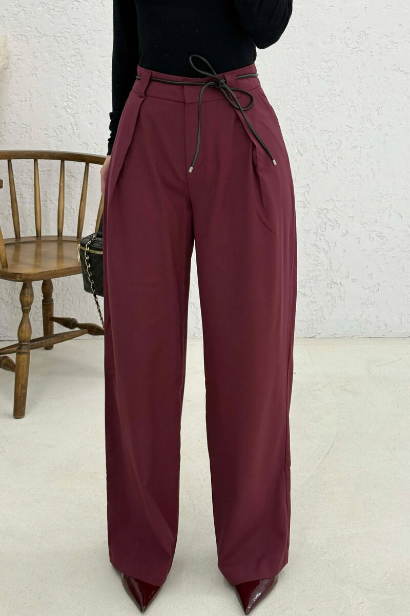 WIDE LEG LEATHER BELT WOMAN TROUSERS BURGUNDY/VISHNJE - 3