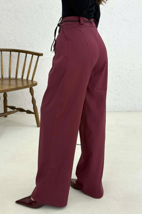WIDE LEG LEATHER BELT WOMAN TROUSERS BURGUNDY/VISHNJE - 4