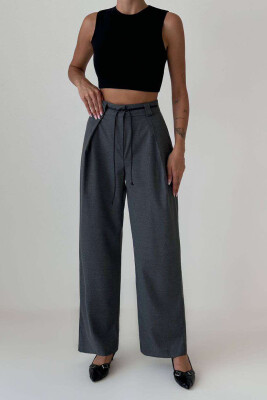 WIDE LEG LEATHER BELT WOMAN TROUSERS DARK GREY/GEE 