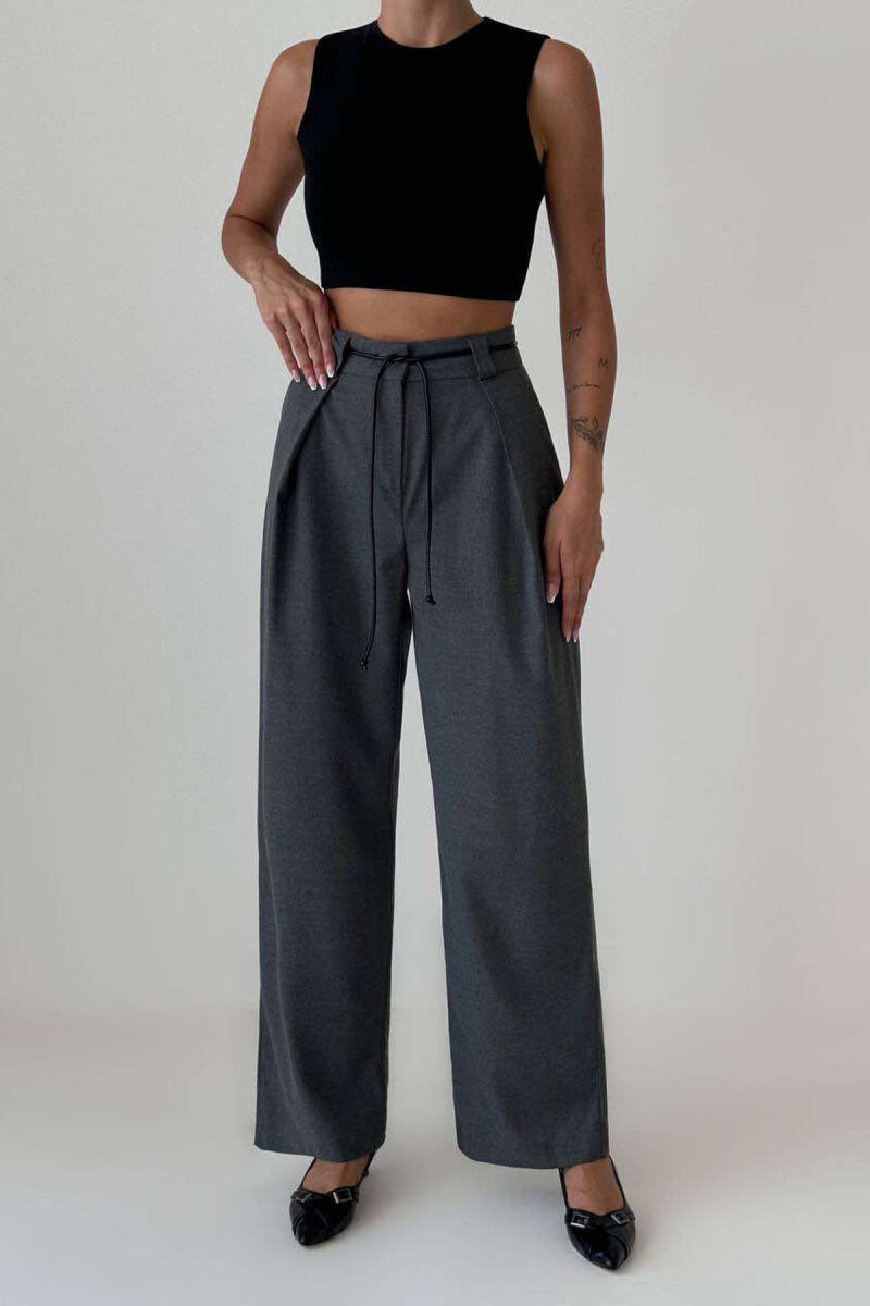 WIDE LEG LEATHER BELT WOMAN TROUSERS DARK GREY/GEE - 1