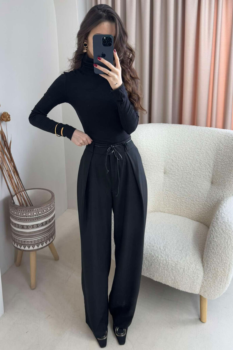 WIDE LEG LEATHER BELT WOMAN TROUSERS IN BLACK COLOR - 1