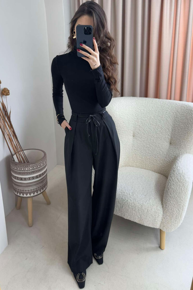 WIDE LEG LEATHER BELT WOMAN TROUSERS IN BLACK COLOR - 2