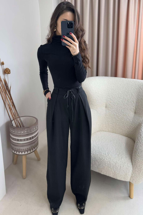 WIDE LEG LEATHER BELT WOMAN TROUSERS IN BLACK COLOR - 3