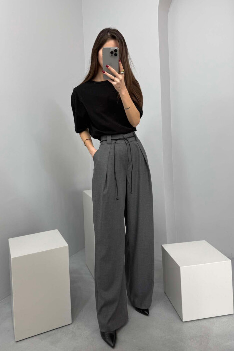 WIDE LEG LEATHER BELT WOMAN TROUSERS IN DARK GREY COLOR 