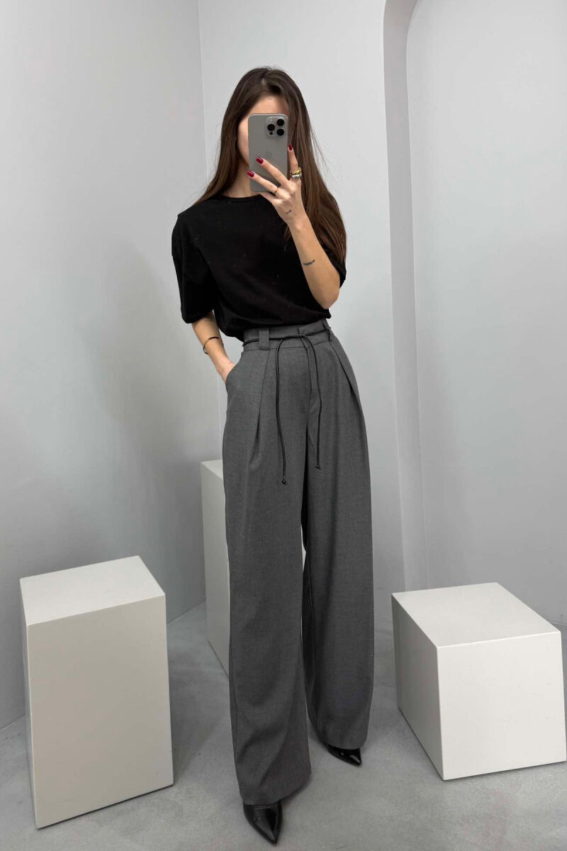 WIDE LEG LEATHER BELT WOMAN TROUSERS IN DARK GREY COLOR - 1