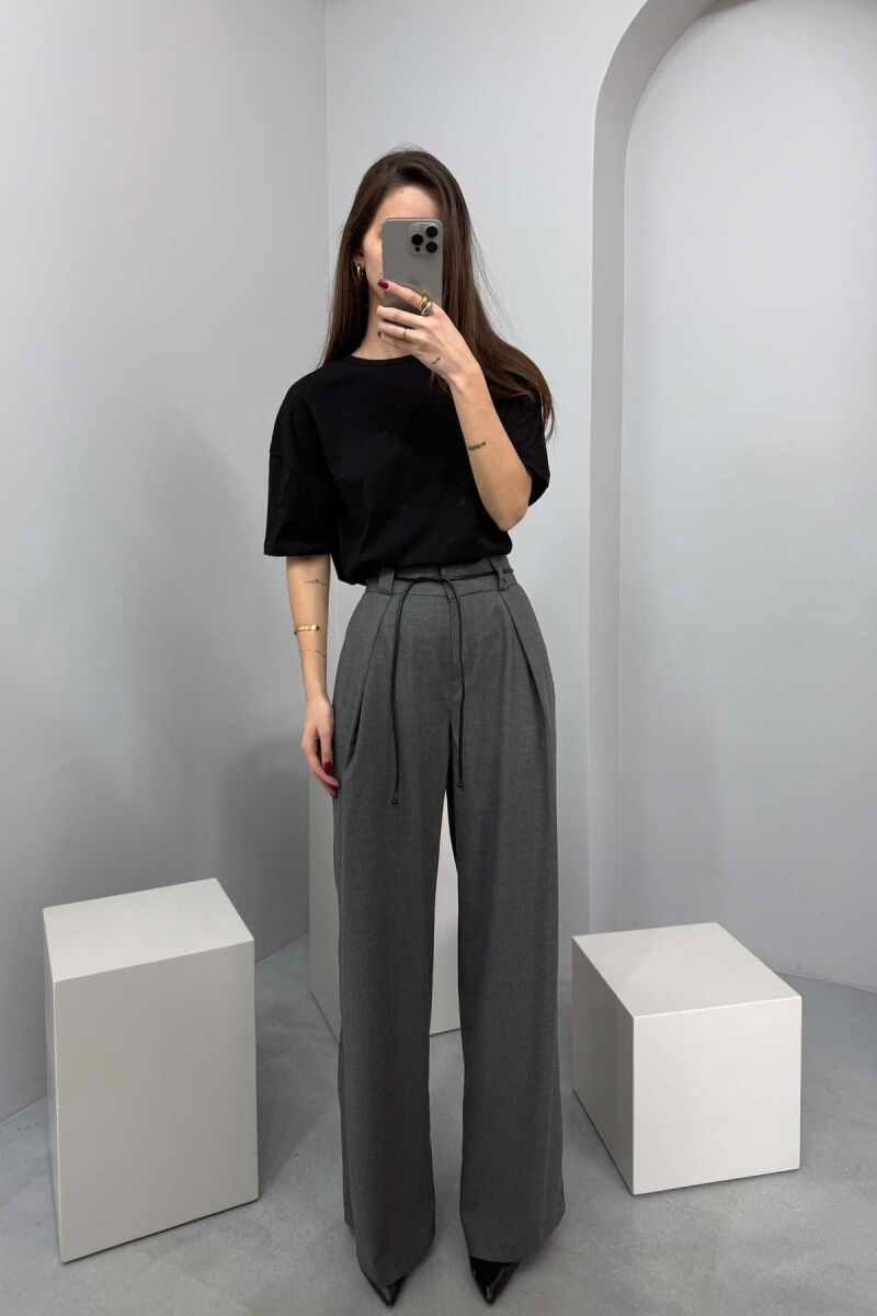 WIDE LEG LEATHER BELT WOMAN TROUSERS IN DARK GREY COLOR - 2