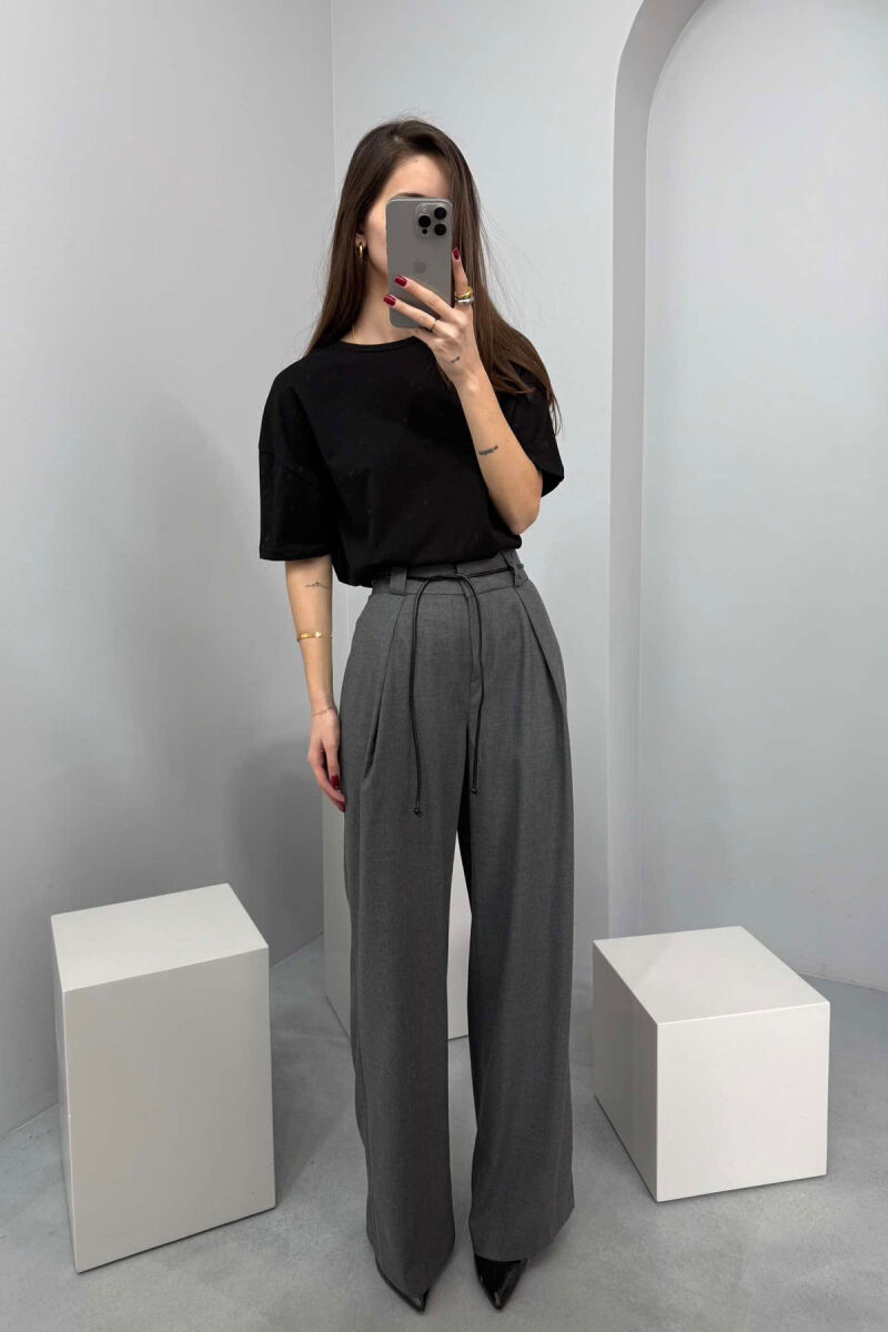 WIDE LEG LEATHER BELT WOMAN TROUSERS IN DARK GREY COLOR - 3